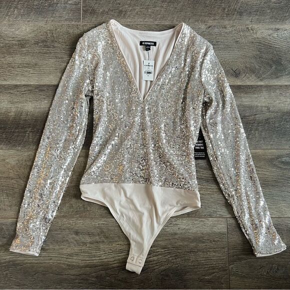 Express NWT Sequin Deep V-Neck Thong Bodysuit Size XS - Picture 8 of 11